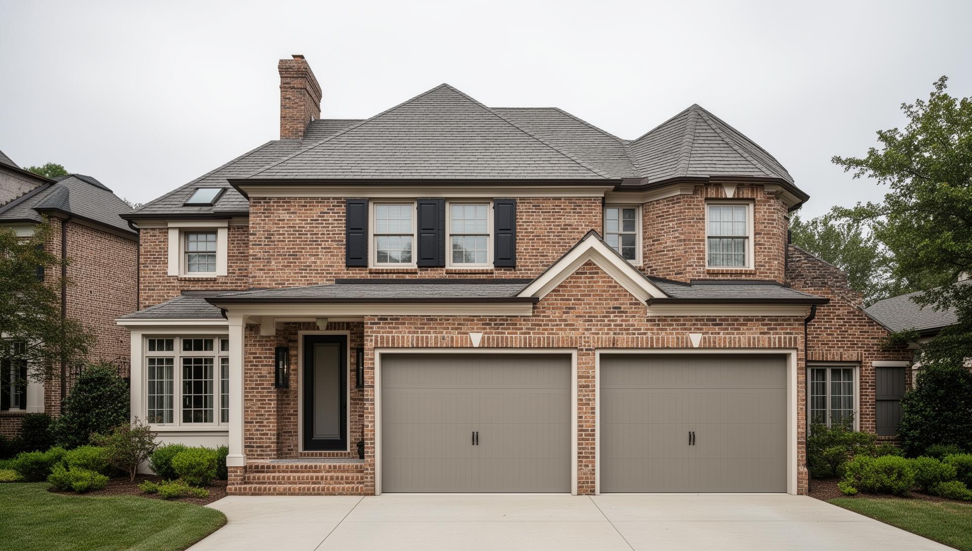 Elegant colonial home with modern minimalist flush panel garage doors in Windham, Ohio